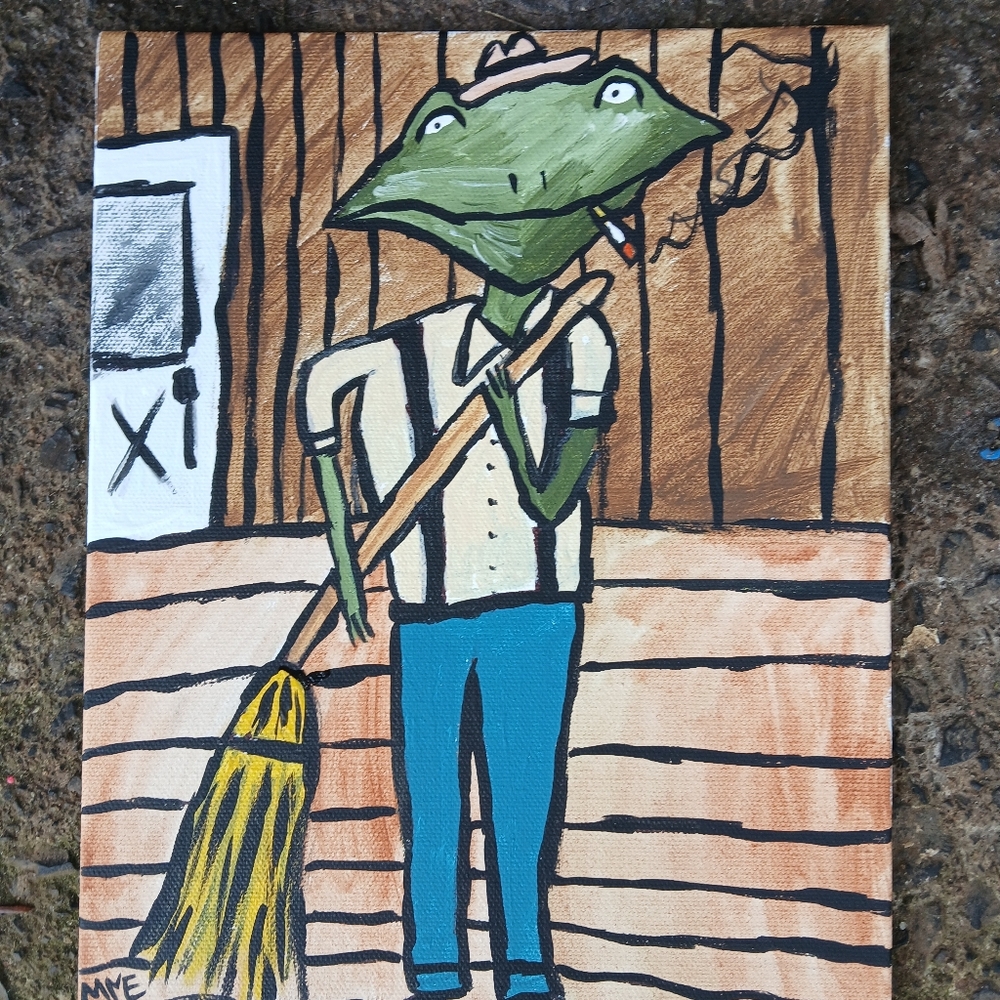 Frog Sweeping Porch Painting Folk Art Original - Picture 2 of 10